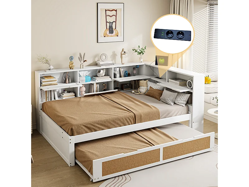 Tagesbett - 140 x 200 cm - Schlafsofa - Stauraum und Steckdose - Kiefernholz + Sperrholz + MDF - Weiß