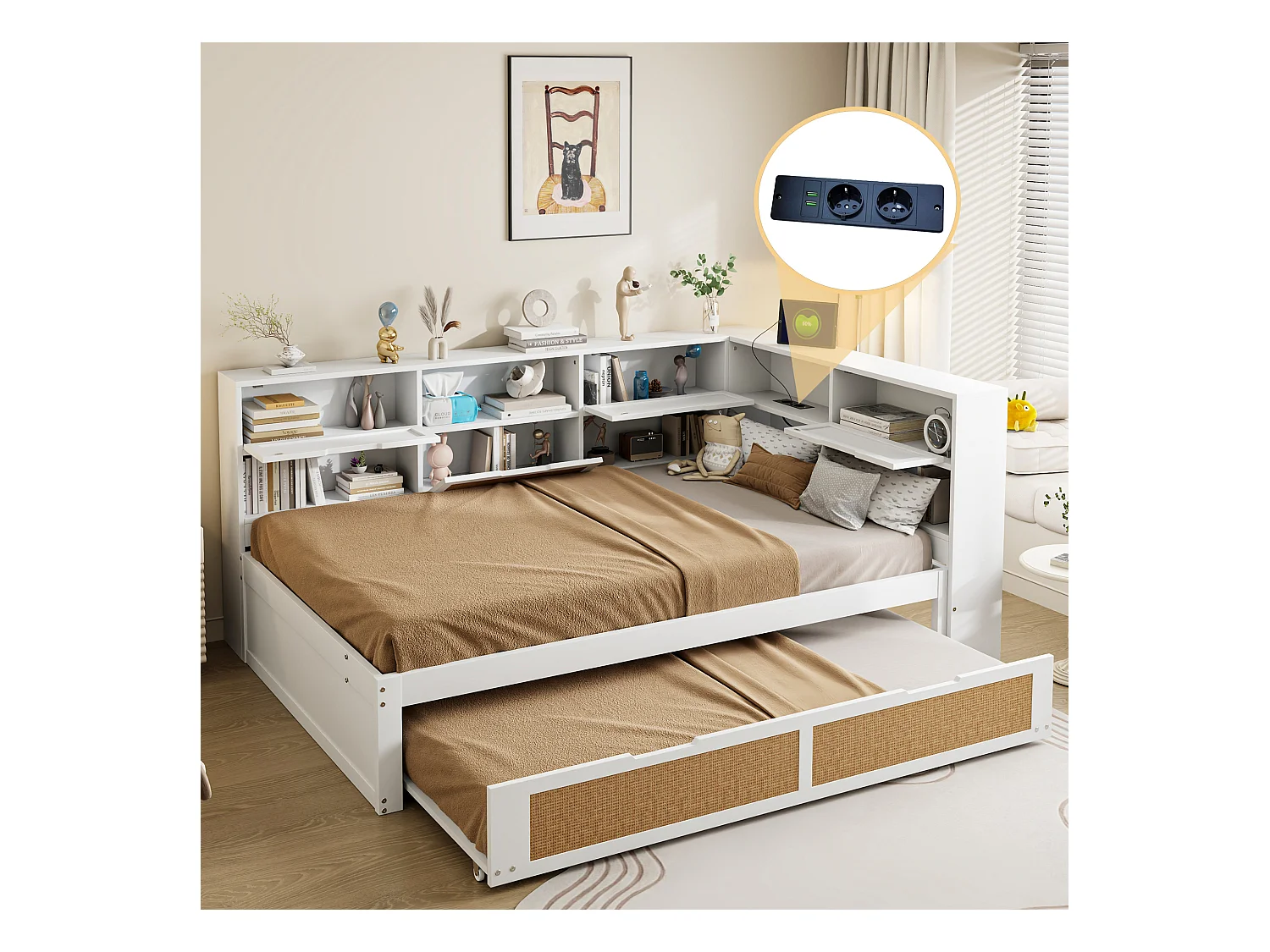 Daybed - 140 x 200 cm - Slaapbank - opbergruimte en stopcontact - grenenhout + multiplex + MDF - Wit