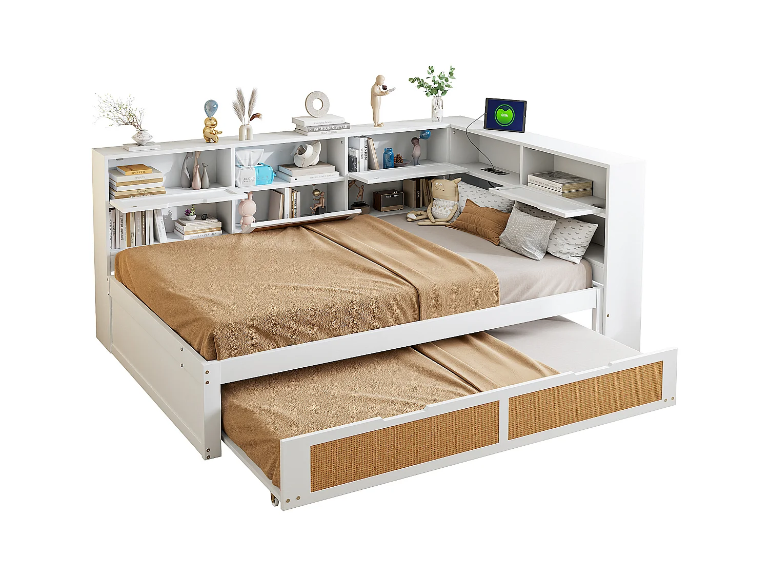 Daybed - 140 x 200 cm - Slaapbank - opbergruimte en stopcontact - grenenhout + multiplex + MDF - Wit