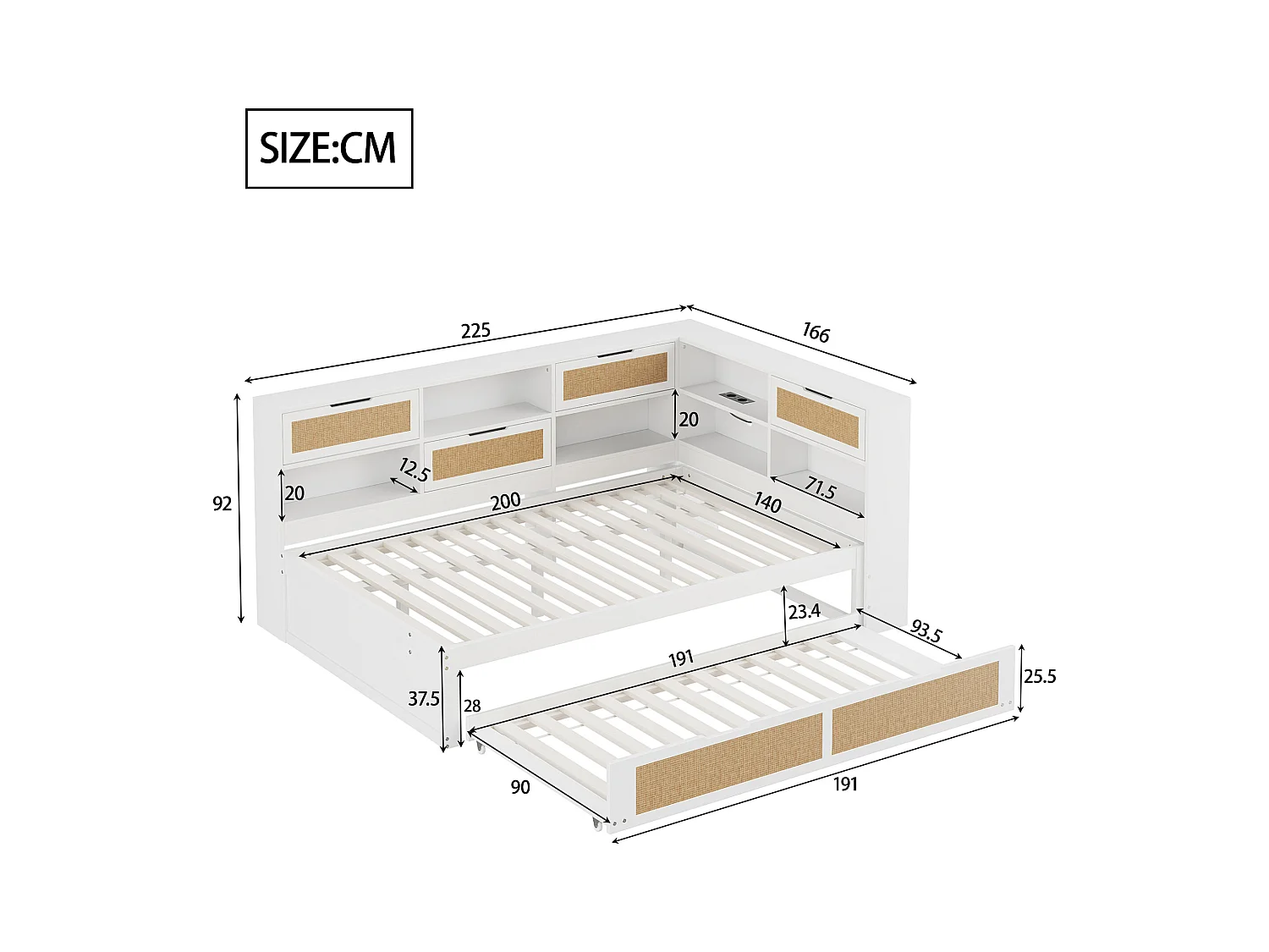 Daybed - 140 x 200 cm - Slaapbank - opbergruimte en stopcontact - grenenhout + multiplex + MDF - Wit