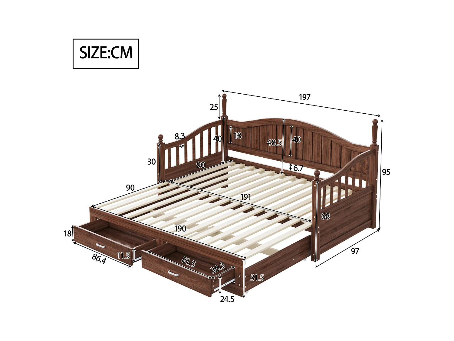 Sofá cama - 90/180 x 190 cm - 2 cajones - madera de pino + contrachapado + MDF - natural