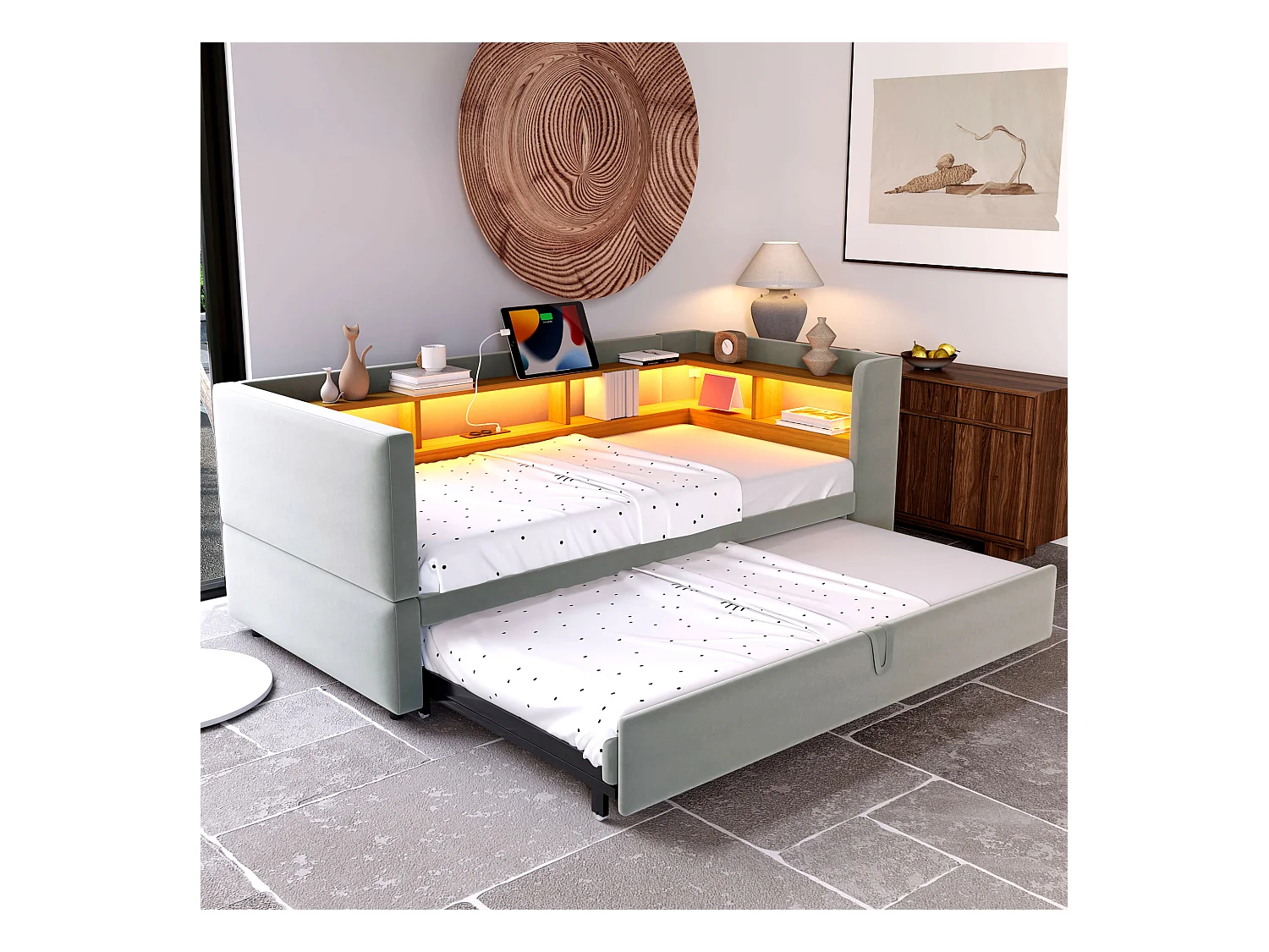 Canapé-lit banquette gigogne - 2 x 90 x 190 cm - Rangements + Leds + prises de charge - Bois massif - Gris clair