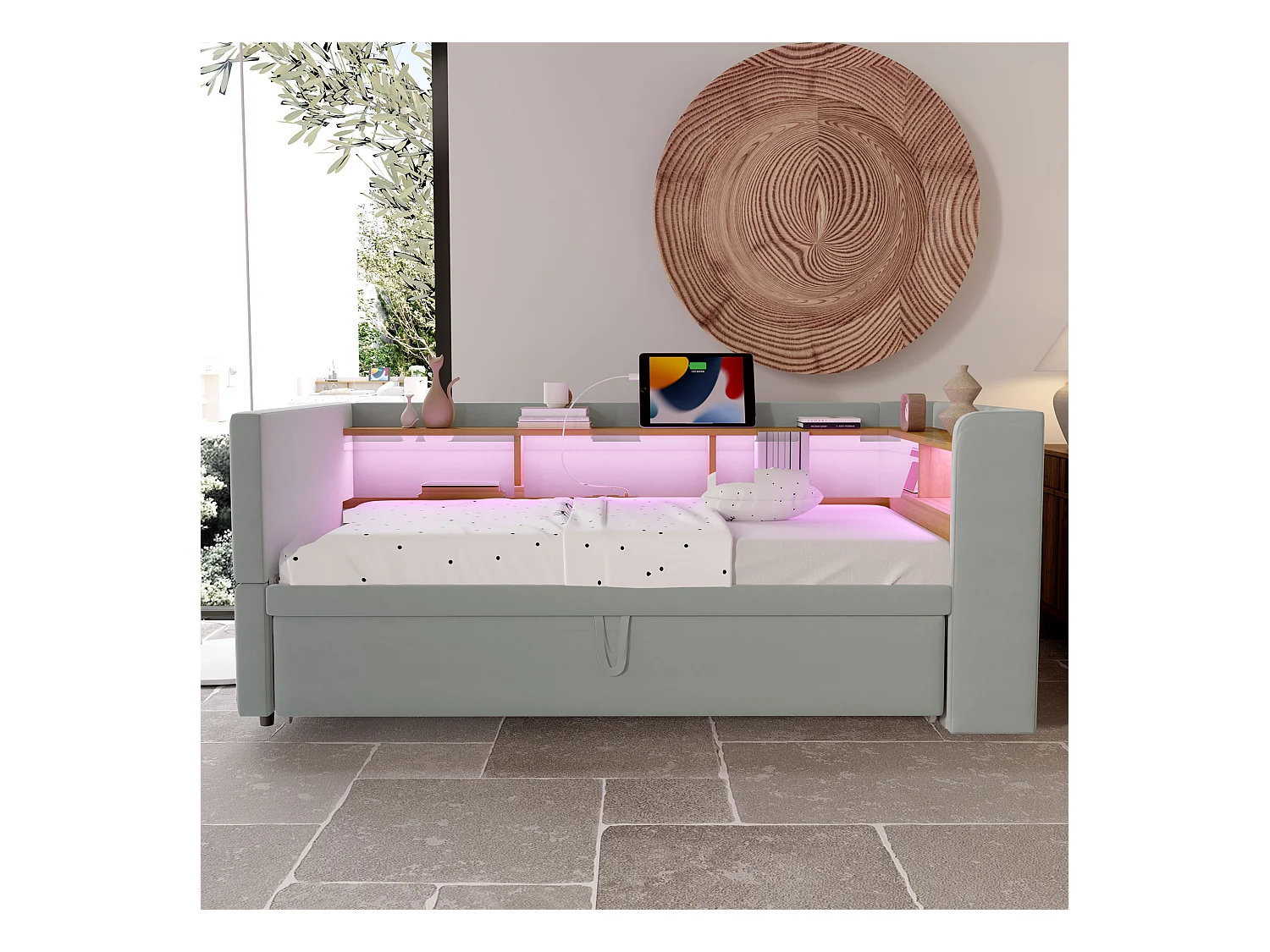 Canapé-lit banquette gigogne - 2 x 90 x 190 cm - Rangements + Leds + prises de charge - Bois massif - Gris clair