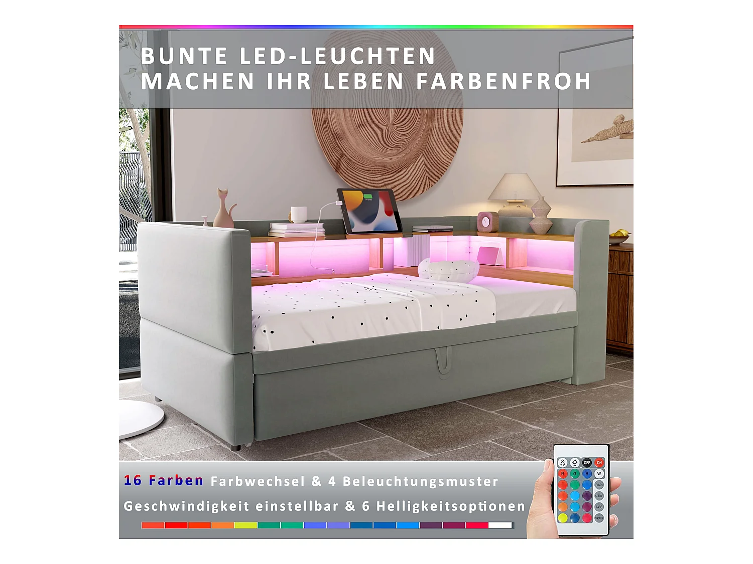 Canapé-lit banquette gigogne - 2 x 90 x 190 cm - Rangements + Leds + prises de charge - Bois massif - Gris clair