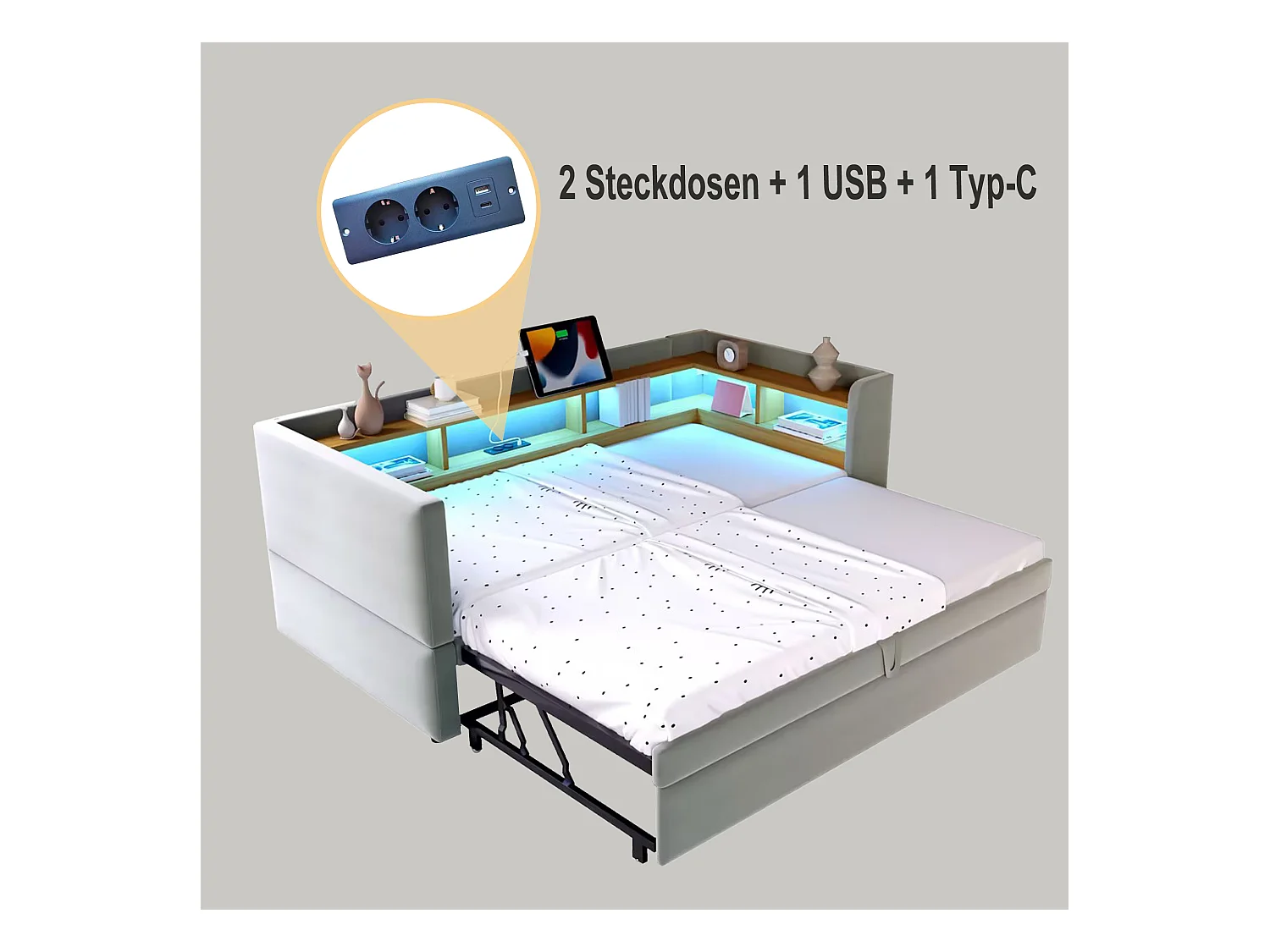 Canapé-lit banquette gigogne - 2 x 90 x 190 cm - Rangements + Leds + prises de charge - Bois massif - Gris clair