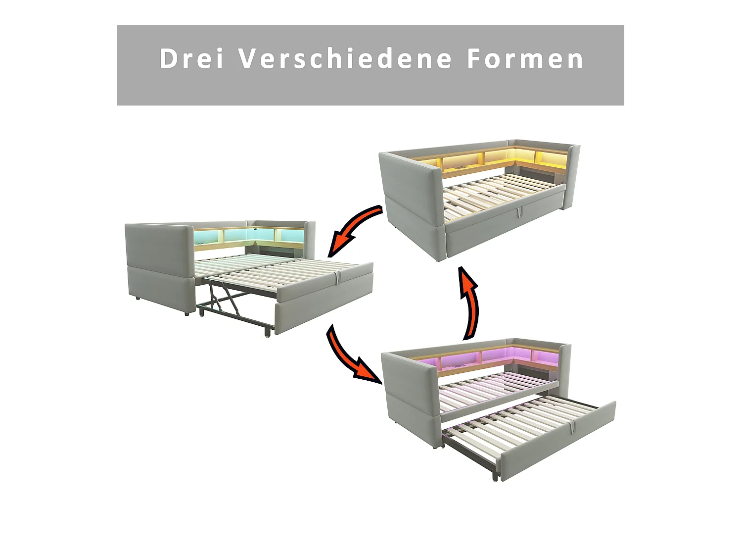 Canapé-lit banquette gigogne - 2 x 90 x 190 cm - Rangements + Leds + prises de charge - Bois massif - Gris clair