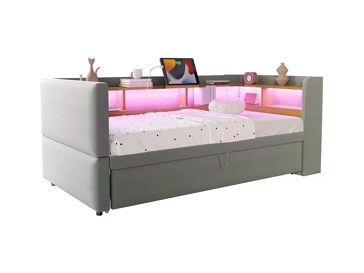 Canapé-lit banquette gigogne - 2 x 90 x 190 cm - Rangements + Leds + prises de charge - Bois massif - Gris clair