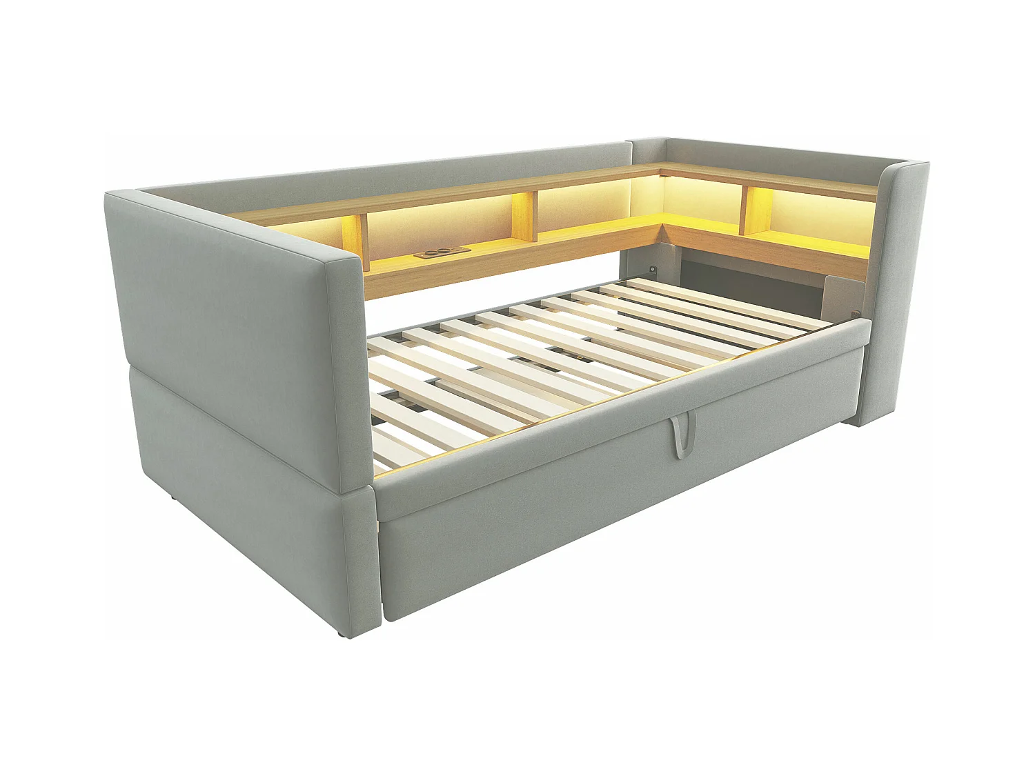 Canapé-lit banquette gigogne - 2 x 90 x 190 cm - Rangements + Leds + prises de charge - Bois massif - Gris clair