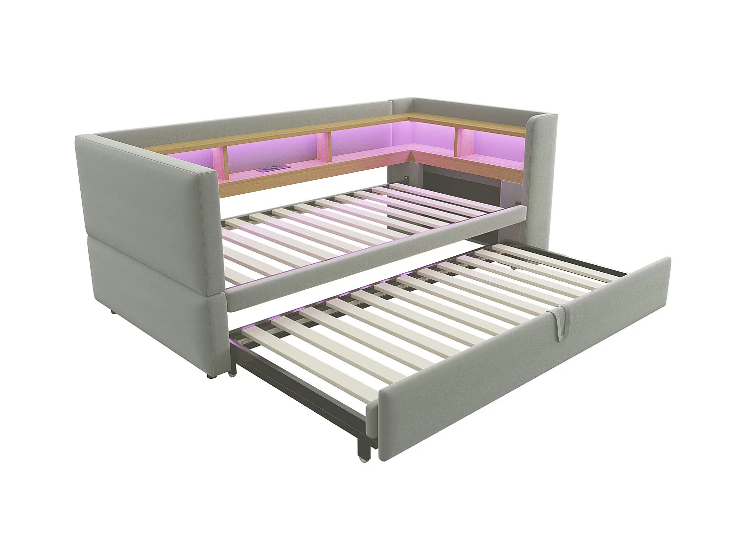 Canapé-lit banquette gigogne - 2 x 90 x 190 cm - Rangements + Leds + prises de charge - Bois massif - Gris clair