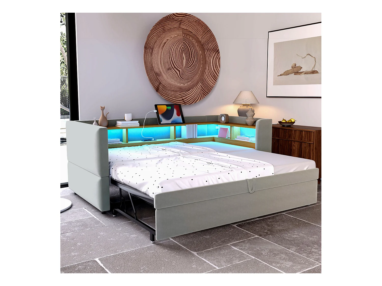 Canapé-lit banquette gigogne - 2 x 90 x 190 cm - Rangements + Leds + prises de charge - Bois massif - Gris clair