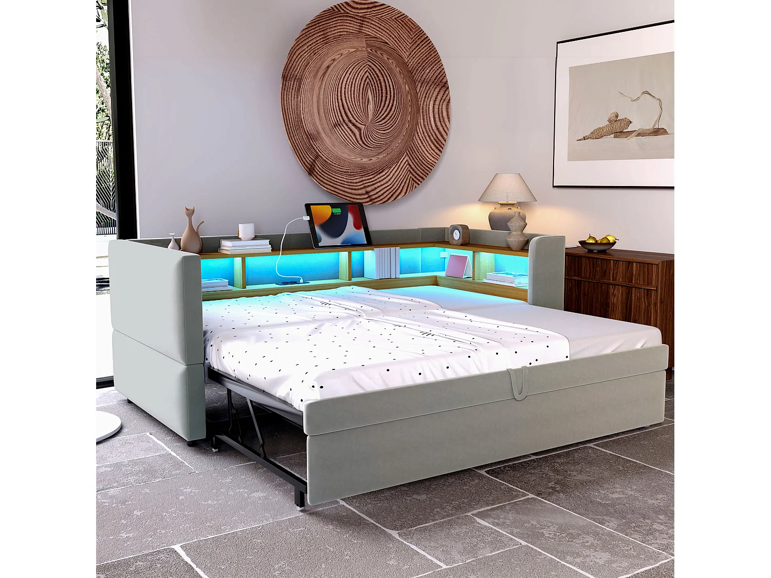 Divano letto con panca estraibile - 2 x 90 x 190 cm - Contenitore + LED + prese di ricarica - Legno massello - Grigio chiaro