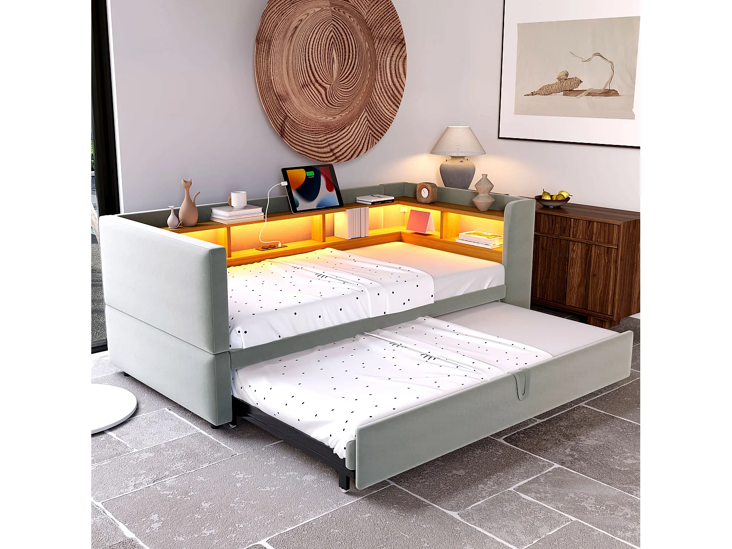 Divano letto con panca estraibile - 2 x 90 x 190 cm - Contenitore + LED + prese di ricarica - Legno massello - Grigio chiaro