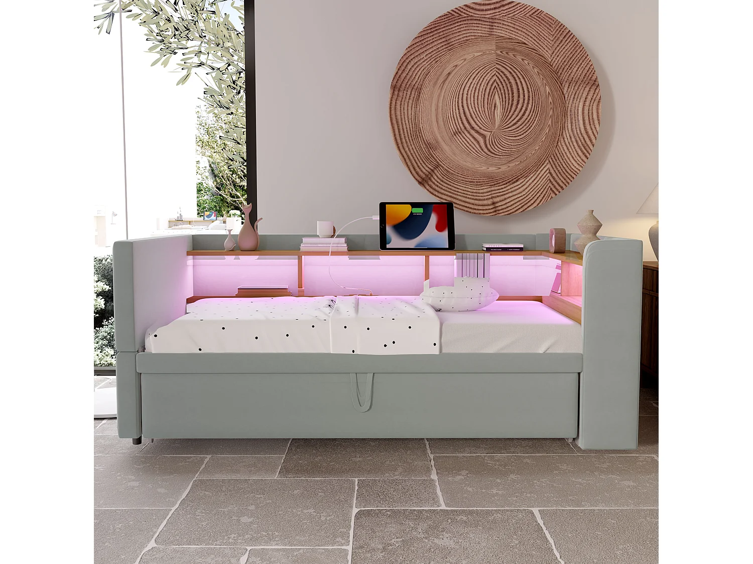 Divano letto con panca estraibile - 2 x 90 x 190 cm - Contenitore + LED + prese di ricarica - Legno massello - Grigio chiaro