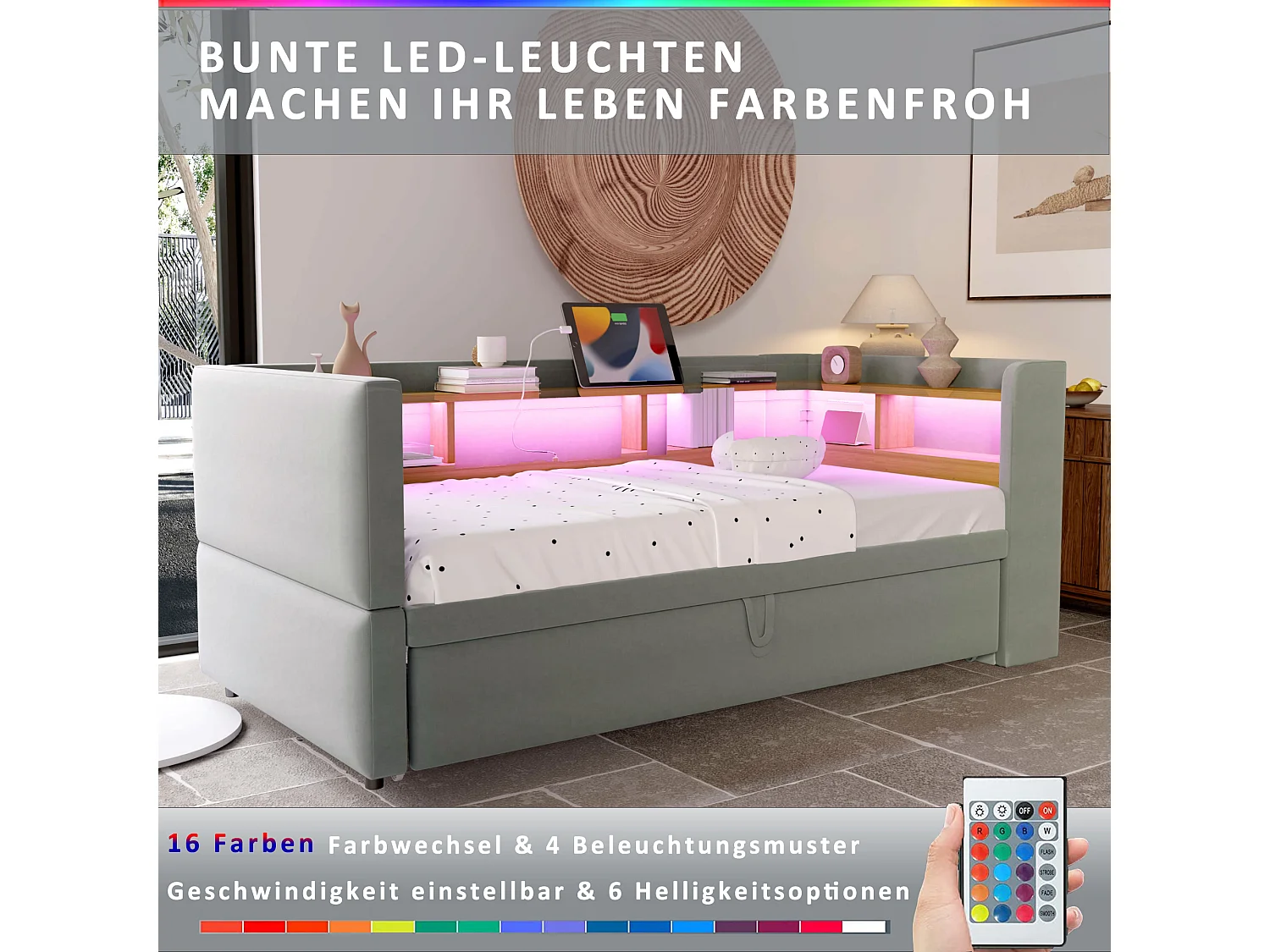 Divano letto con panca estraibile - 2 x 90 x 190 cm - Contenitore + LED + prese di ricarica - Legno massello - Grigio chiaro