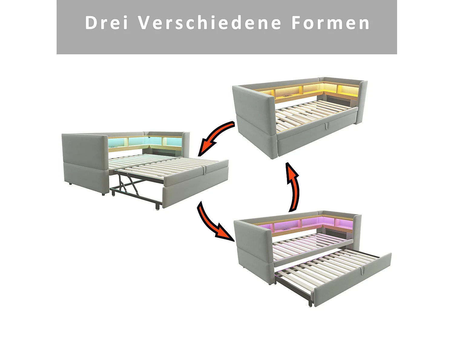 Divano letto con panca estraibile - 2 x 90 x 190 cm - Contenitore + LED + prese di ricarica - Legno massello - Grigio chiaro