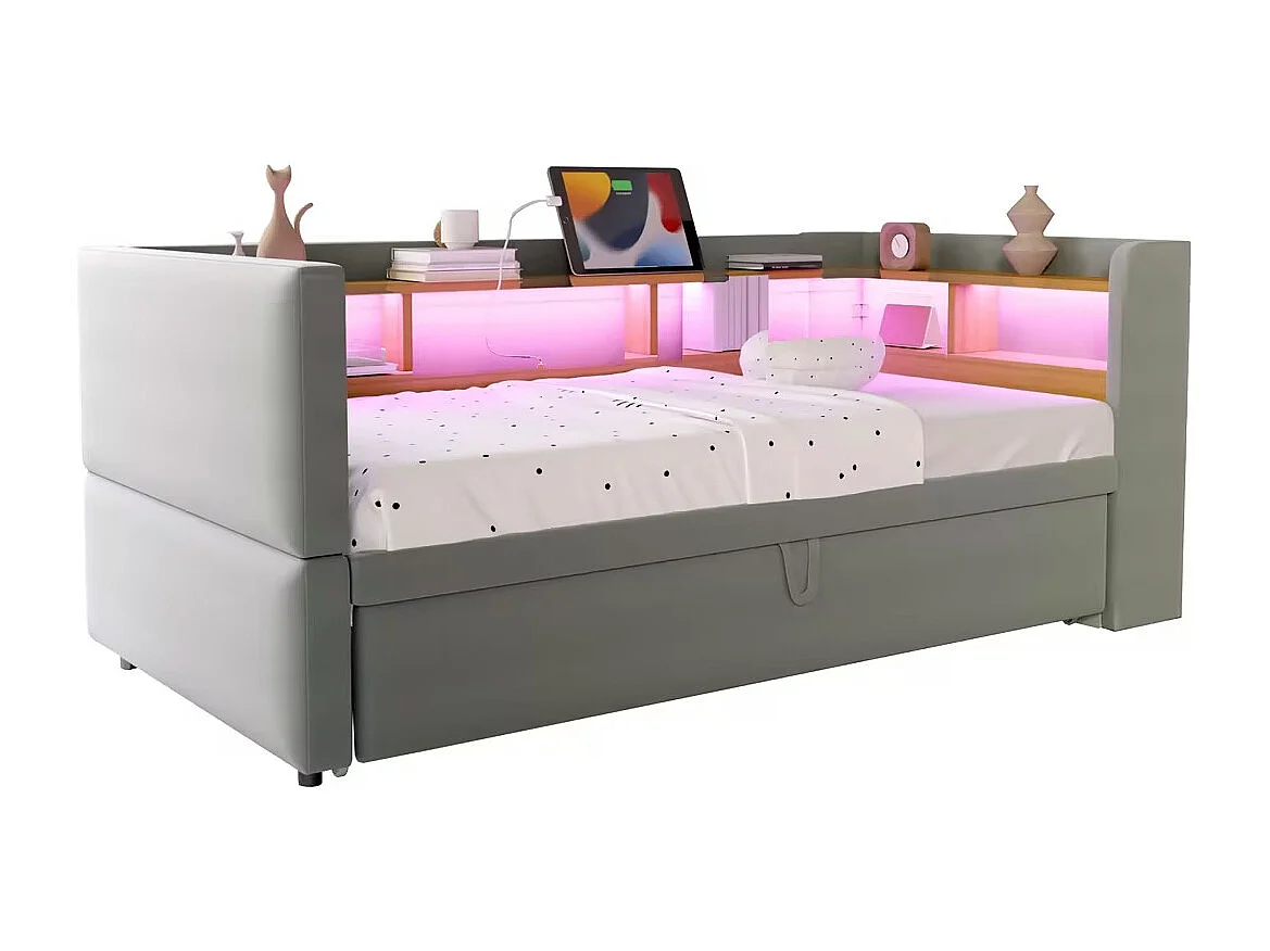 Divano letto con panca estraibile - 2 x 90 x 190 cm - Contenitore + LED + prese di ricarica - Legno massello - Grigio chiaro