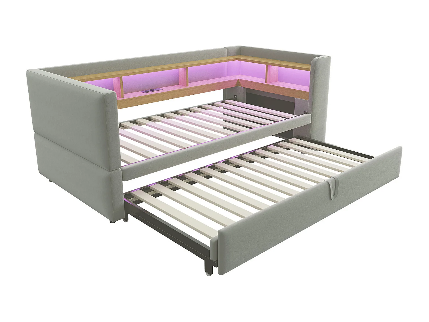 Divano letto con panca estraibile - 2 x 90 x 190 cm - Contenitore + LED + prese di ricarica - Legno massello - Grigio chiaro