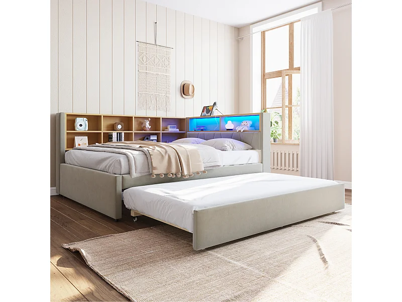 Canapé-lit rembourré gigogne - 140 x 200 cm + 90 x 190 cm - Leds et prises - avec rangements - Tissu flanelle - Gris clair