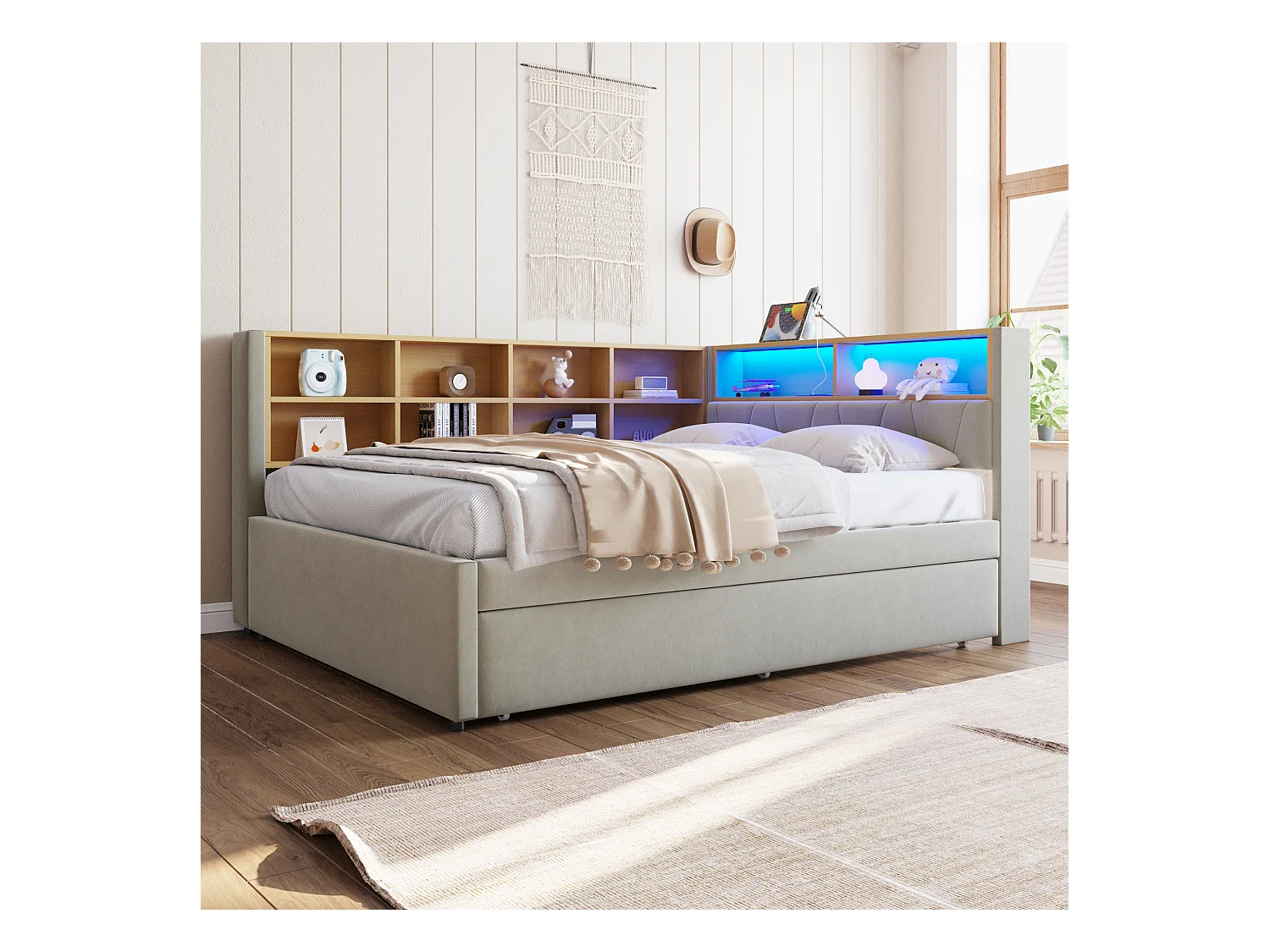 Sofa rozkładana tapicerowana - 140 x 200 cm + 90 x 190 cm - LED i gniazdka - ze schowkiem - Tkanina flanelowa - Jasnoszary