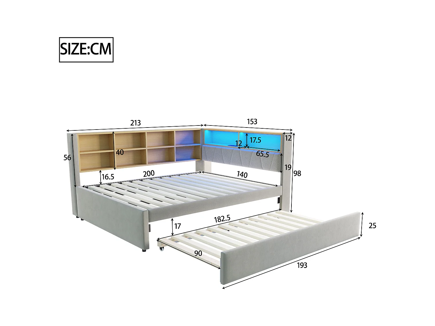 Sofa rozkładana tapicerowana - 140 x 200 cm + 90 x 190 cm - LED i gniazdka - ze schowkiem - Tkanina flanelowa - Jasnoszary