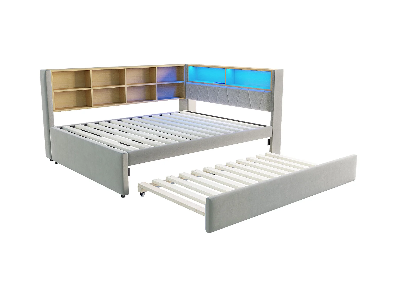 Sofa rozkładana tapicerowana - 140 x 200 cm + 90 x 190 cm - LED i gniazdka - ze schowkiem - Tkanina flanelowa - Jasnoszary