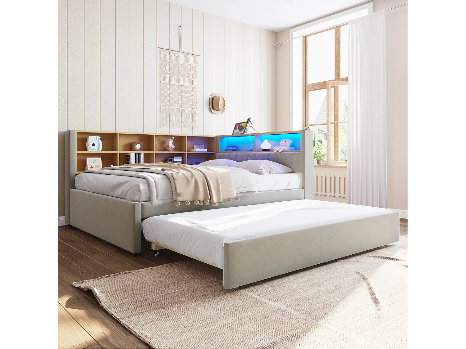 Canapé-lit rembourré gigogne - 140 x 200 cm + 90 x 190 cm - Leds et prises - avec rangements - Tissu flanelle - Gris clair