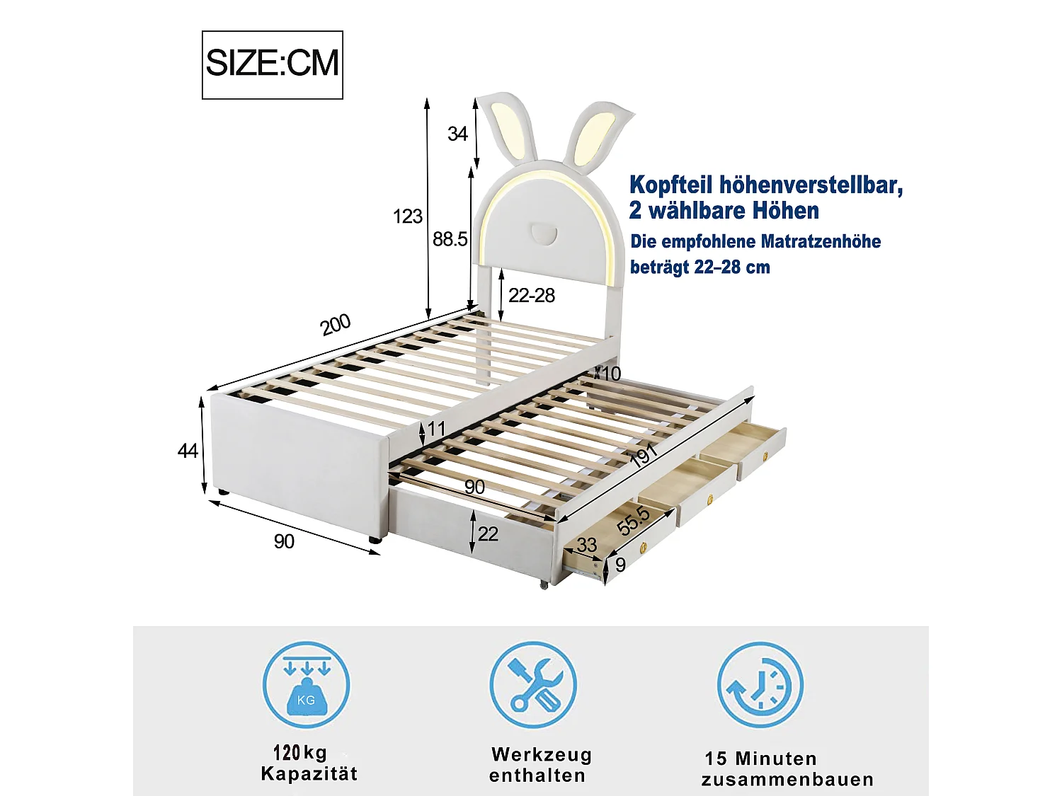 Sofa jednoosobowa z wysuwaną ławą - 2 x 90 x 200 cm - szuflada + diody LED - Aksamit - Beż