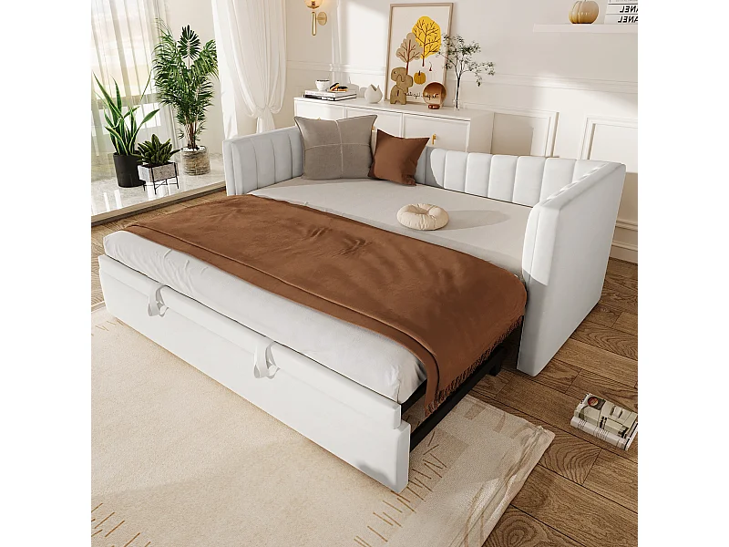 Łóżko tapicerowane wysuwane - 90/180 x 190 cm - Sofa rozkładana - welur + MDF - Biały