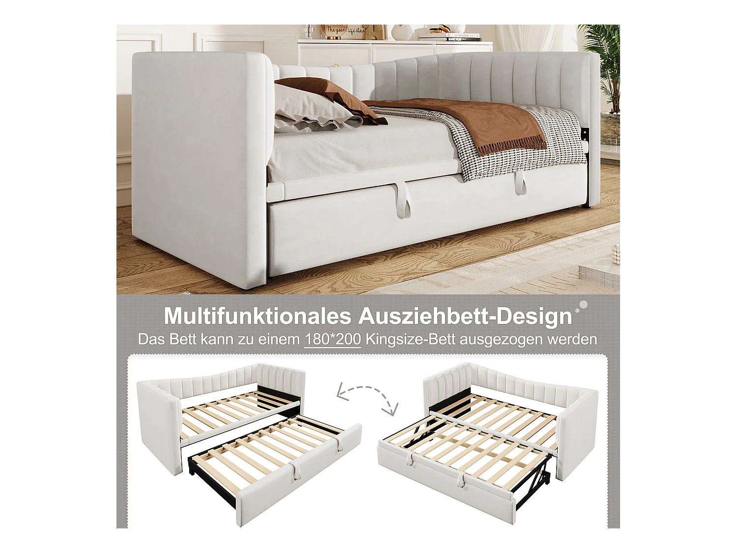 Łóżko tapicerowane wysuwane - 90/180 x 190 cm - Sofa rozkładana - welur + MDF - Biały