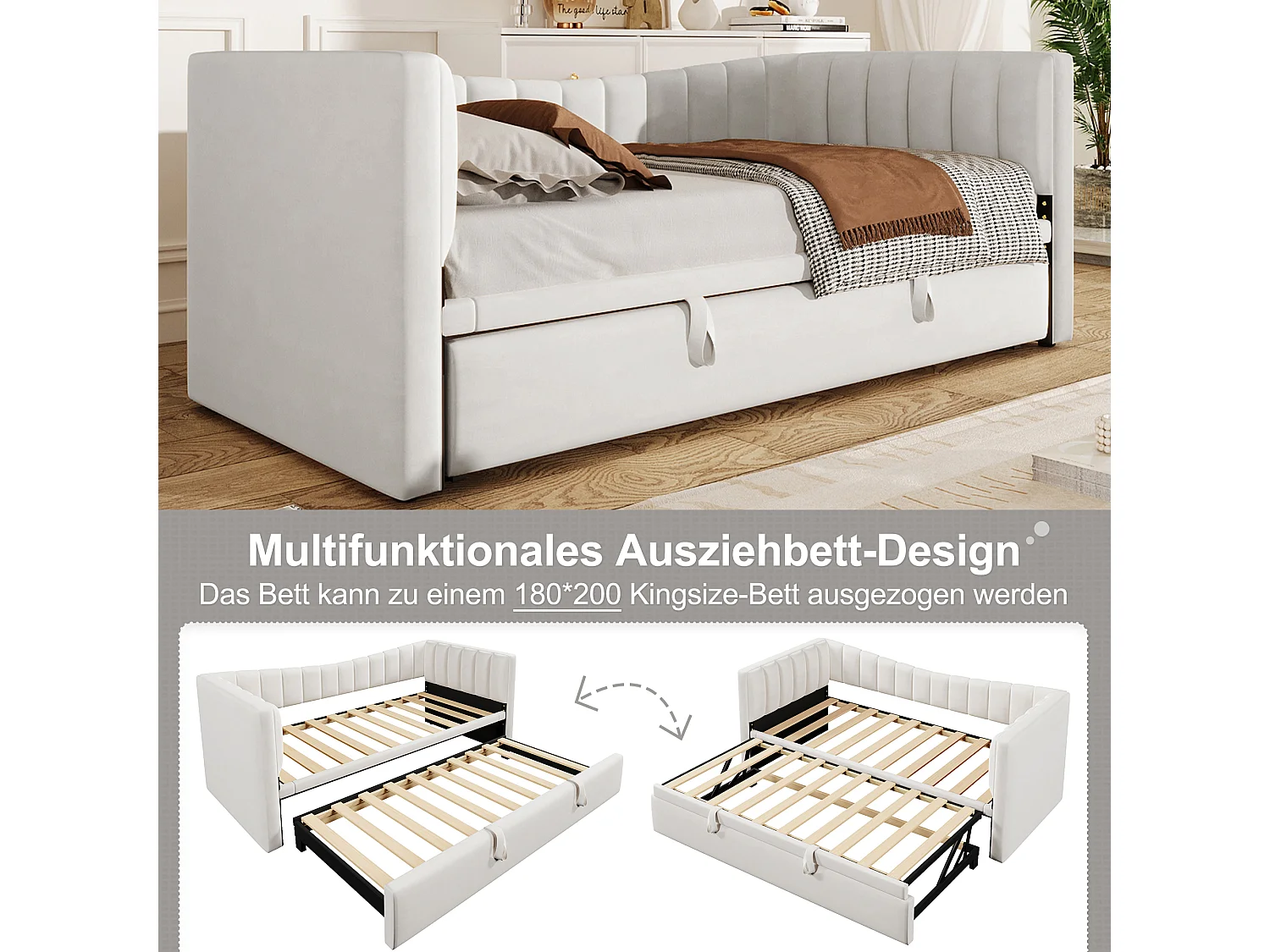 Lit gigogne rembourré - 90 /180 x 190 cm - Canapé-lit - velours + MDF - Blanc