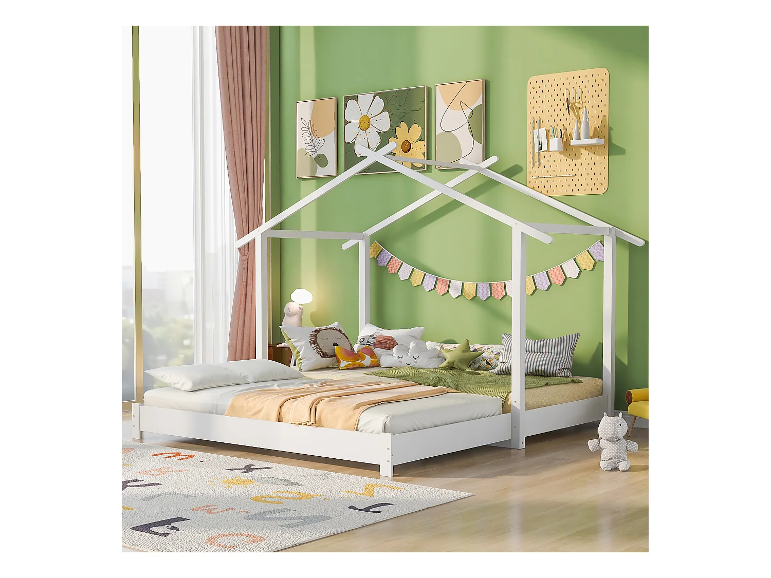 Cama de cabine infantil - 90/180 x 190 cm - cama de chão com estrado de ripas - Madeira maciça - Branco