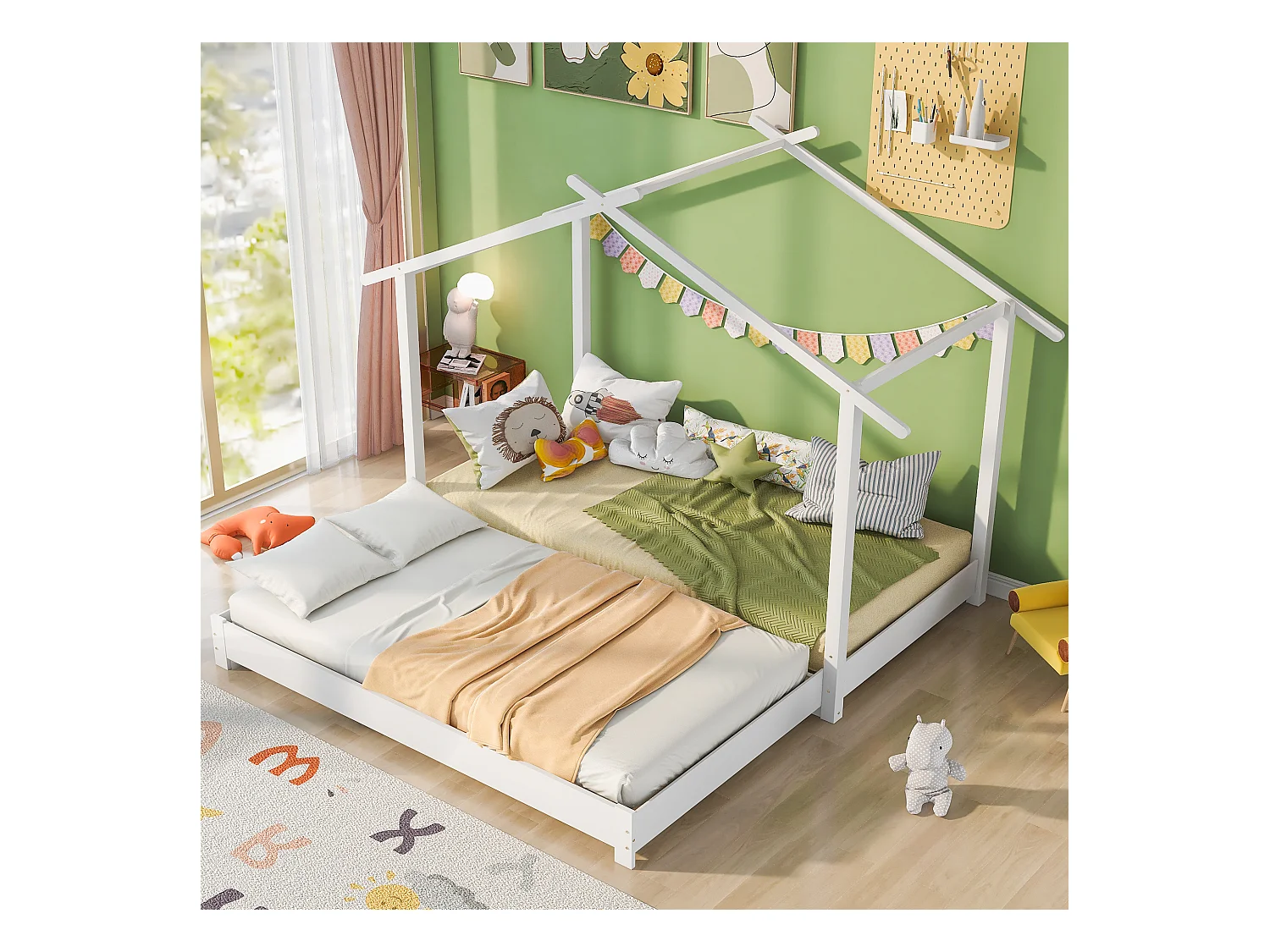 Cama de cabine infantil - 90/180 x 190 cm - cama de chão com estrado de ripas - Madeira maciça - Branco