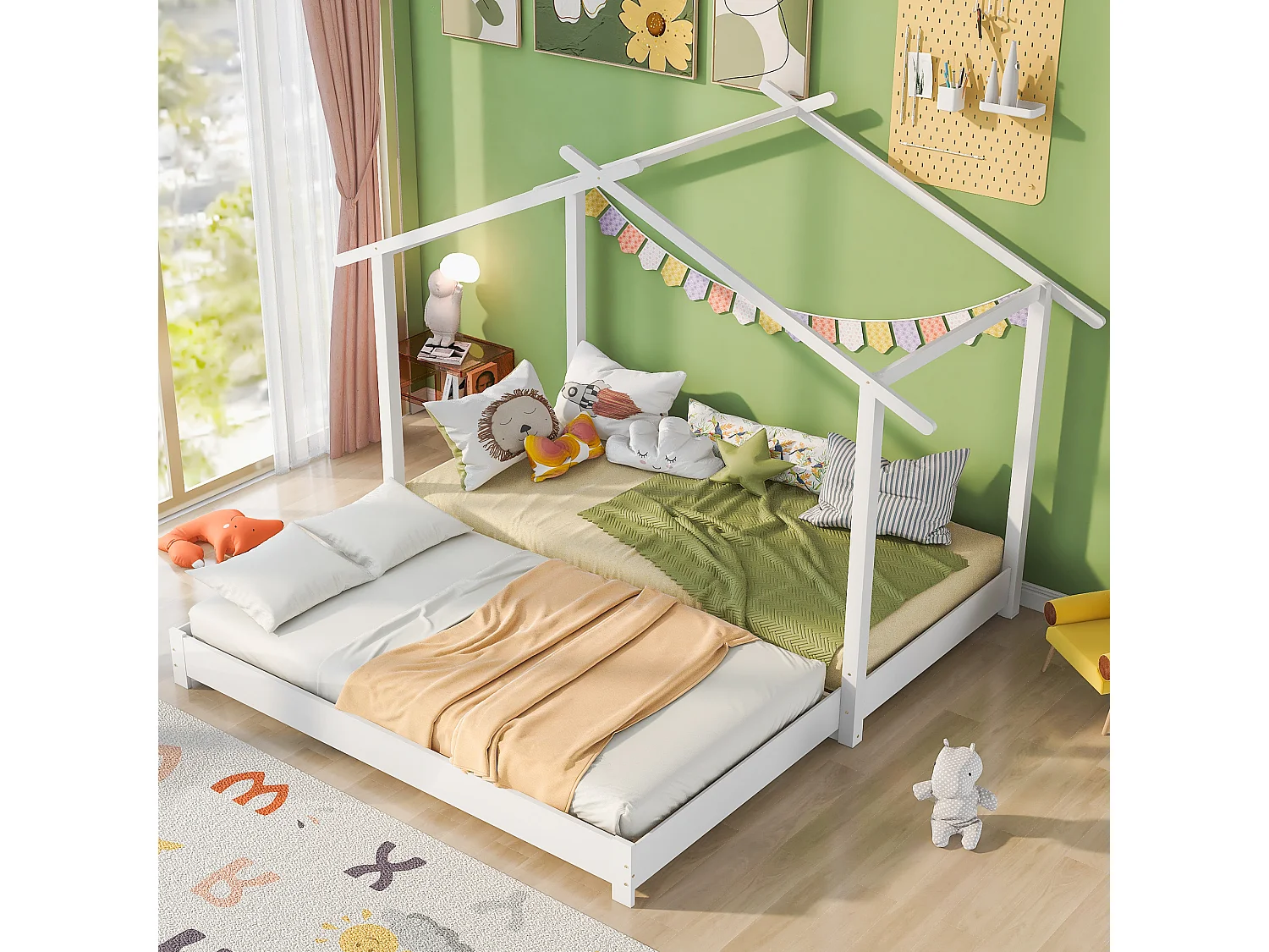 Lit cabane pour enfant - 90/180 x 190 cm - lit de sol avec sommier - Bois massif - Blanc