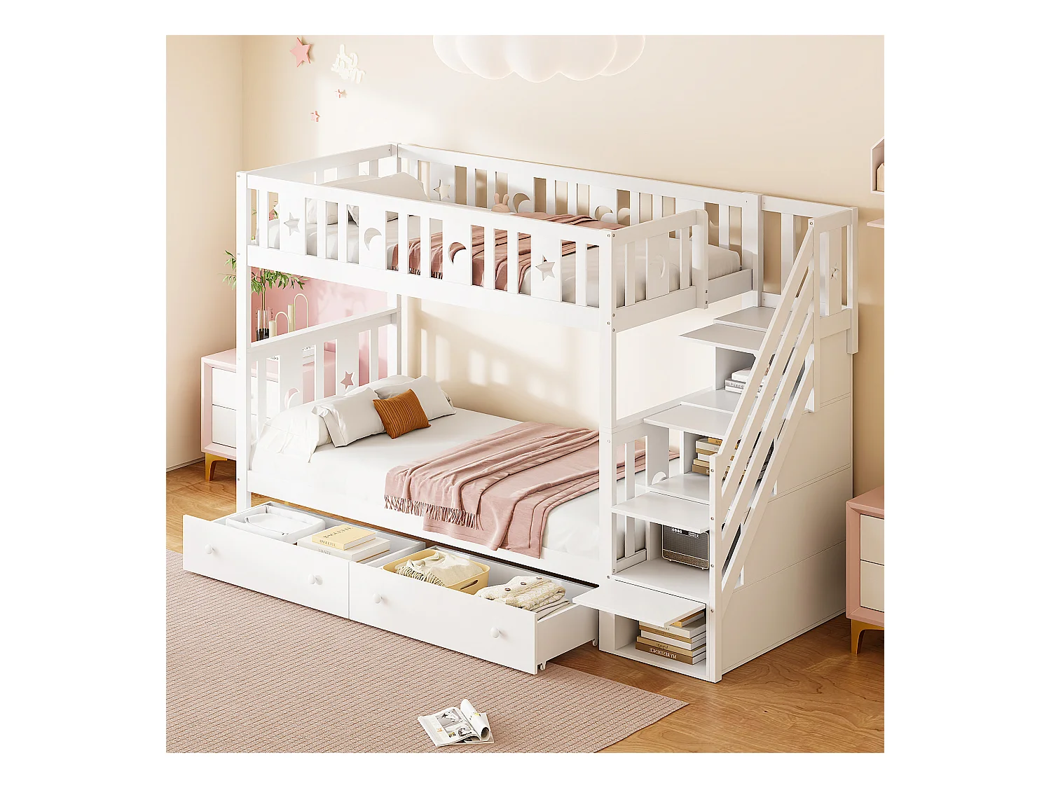 Lit superposés - 90 x 200 cm + 90 x 190 cm - 2 tiroires - 4 rangements dans l'escalier - Bois massif - Blanc