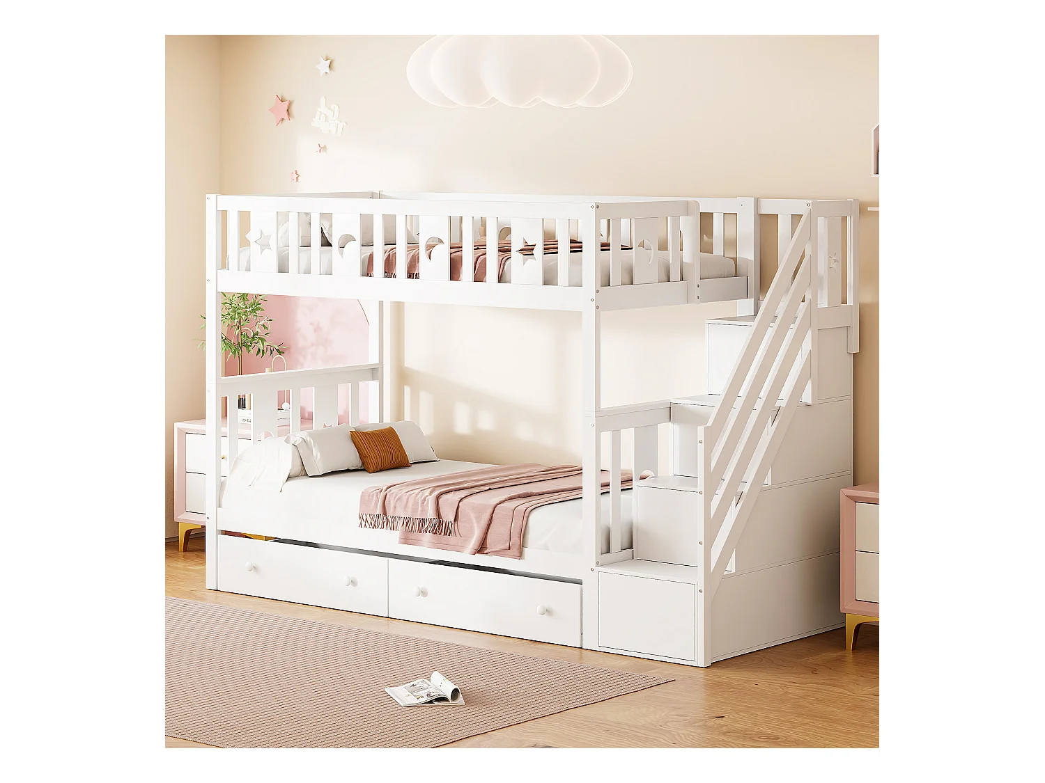 Lit superposés - 90 x 200 cm + 90 x 190 cm - 2 tiroires - 4 rangements dans l'escalier - Bois massif - Blanc