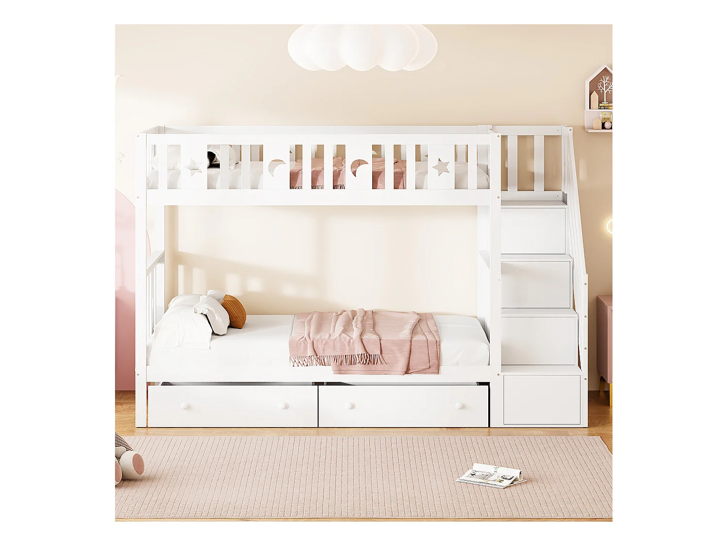 Lit superposés - 90 x 200 cm + 90 x 190 cm - 2 tiroires - 4 rangements dans l'escalier - Bois massif - Blanc