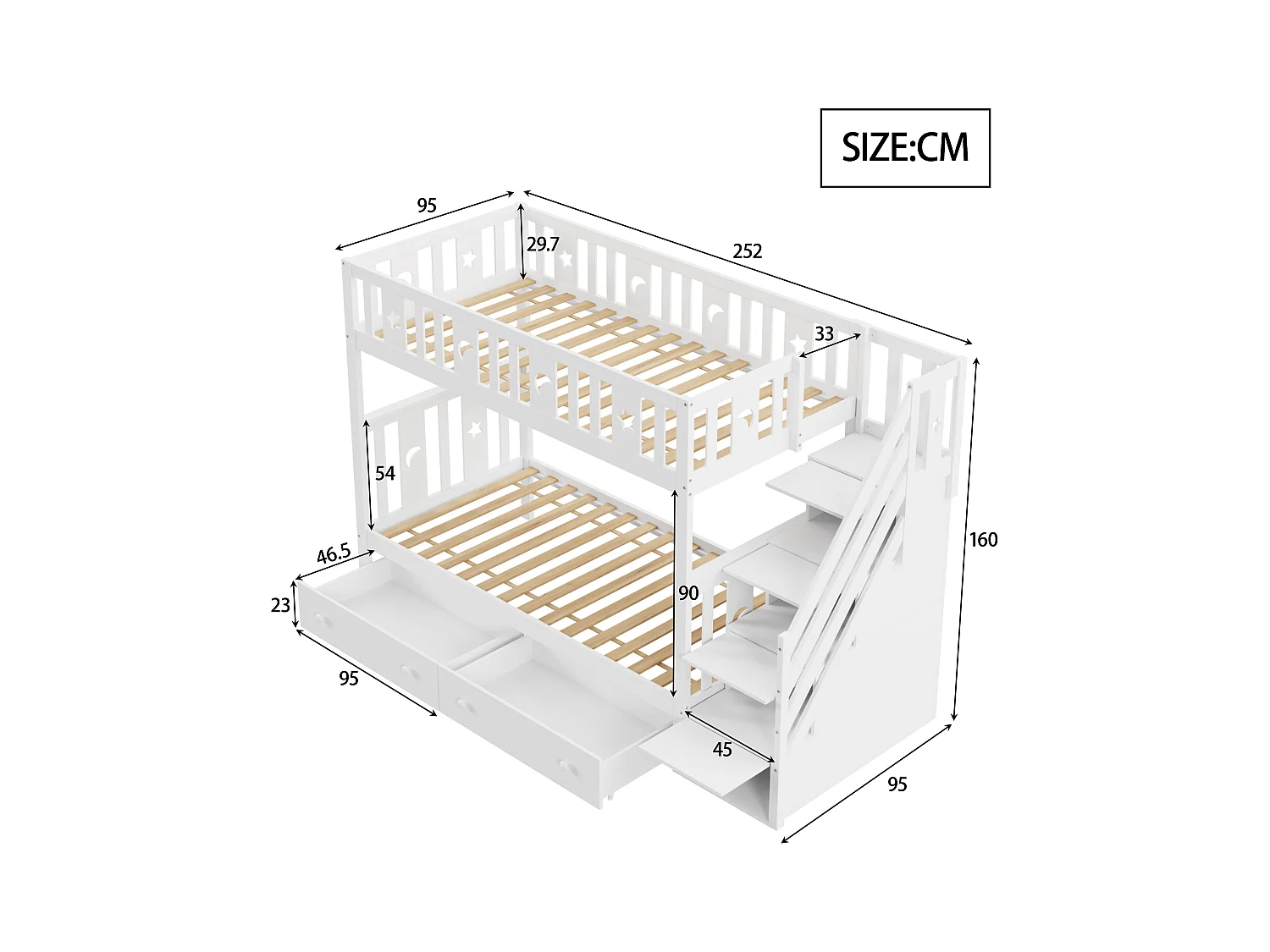 Lit superposés - 90 x 200 cm + 90 x 190 cm - 2 tiroires - 4 rangements dans l'escalier - Bois massif - Blanc