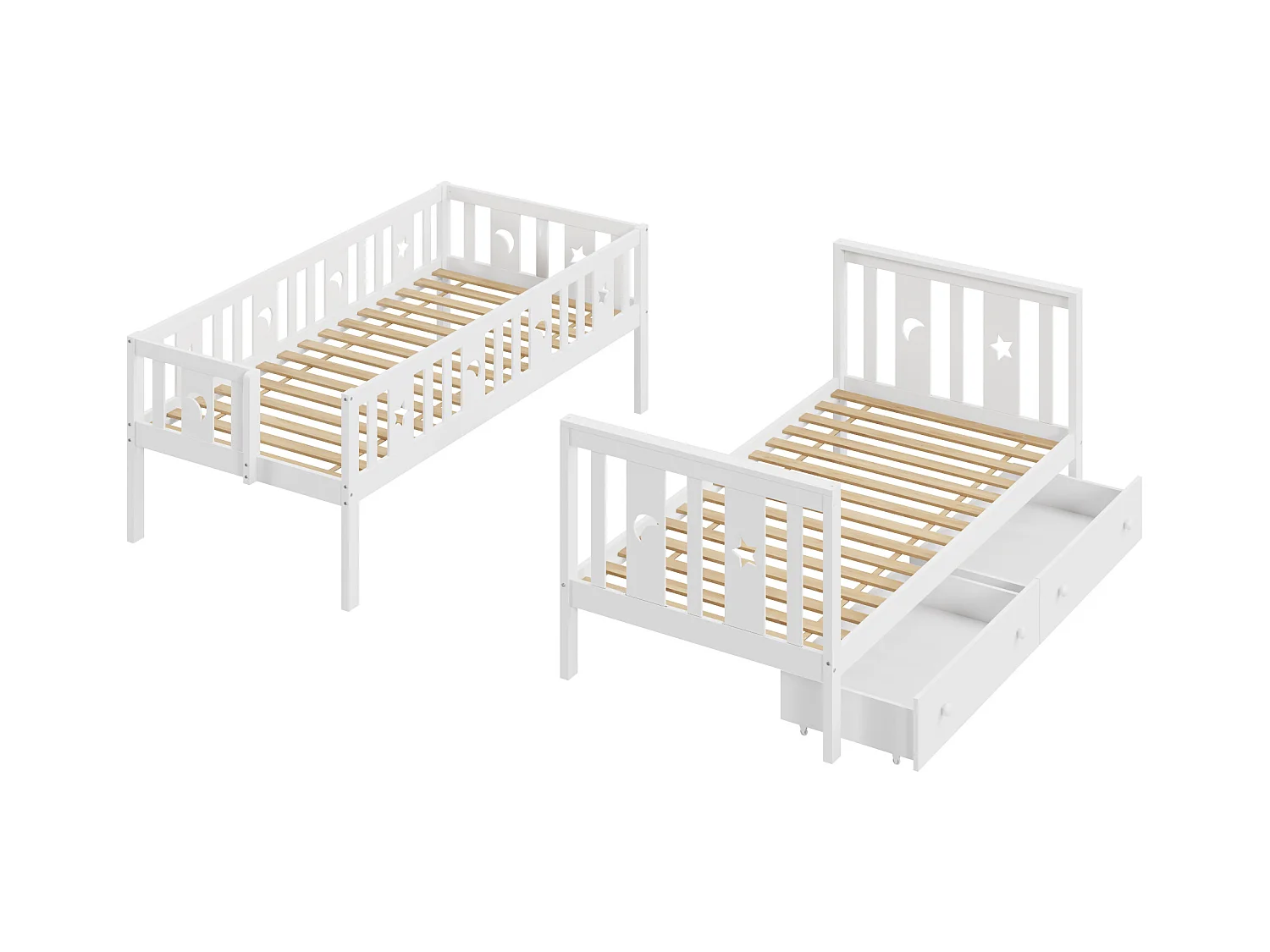 Lit superposés - 90 x 200 cm + 90 x 190 cm - 2 tiroires - 4 rangements dans l'escalier - Bois massif - Blanc