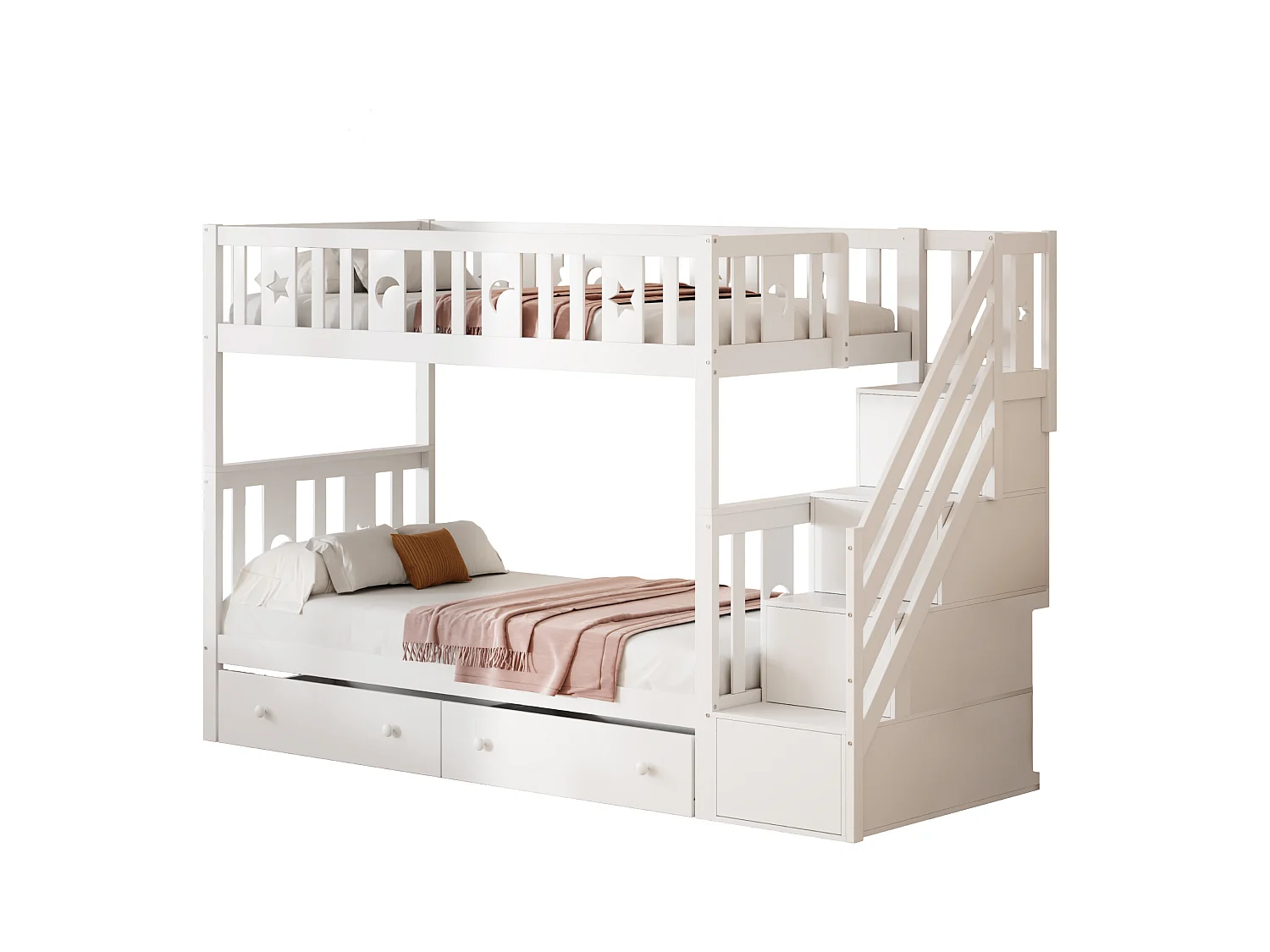 Lit superposés - 90 x 200 cm + 90 x 190 cm - 2 tiroires - 4 rangements dans l'escalier - Bois massif - Blanc