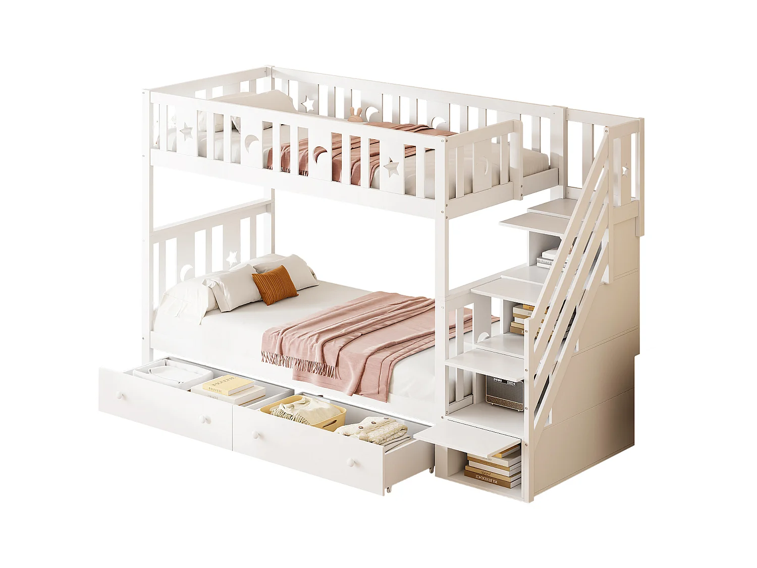 Lit superposés - 90 x 200 cm + 90 x 190 cm - 2 tiroires - 4 rangements dans l'escalier - Bois massif - Blanc
