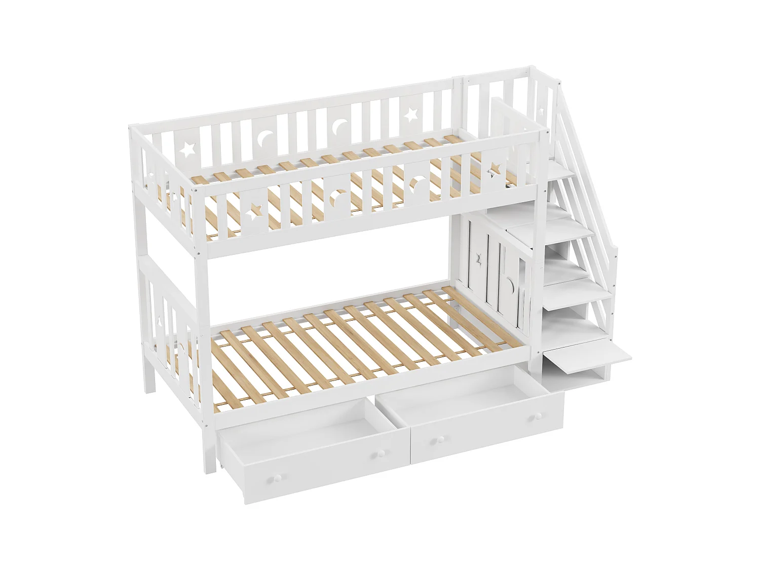 Lit superposés - 90 x 200 cm + 90 x 190 cm - 2 tiroires - 4 rangements dans l'escalier - Bois massif - Blanc