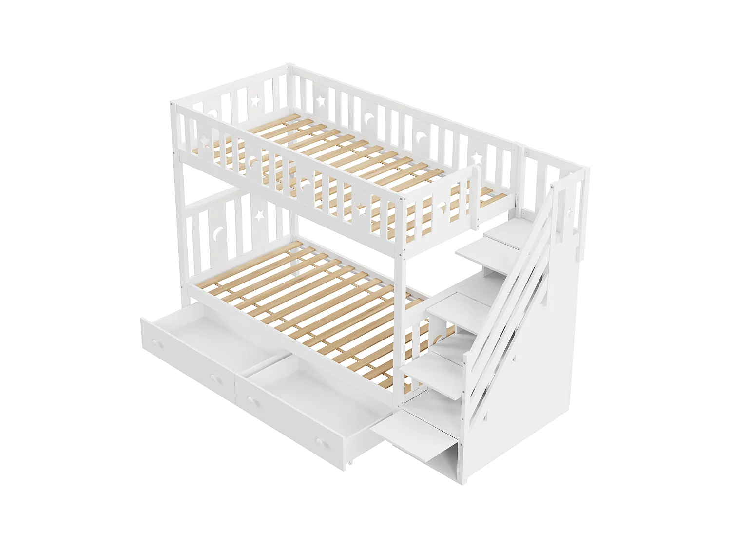 Lit superposés - 90 x 200 cm + 90 x 190 cm - 2 tiroires - 4 rangements dans l'escalier - Bois massif - Blanc