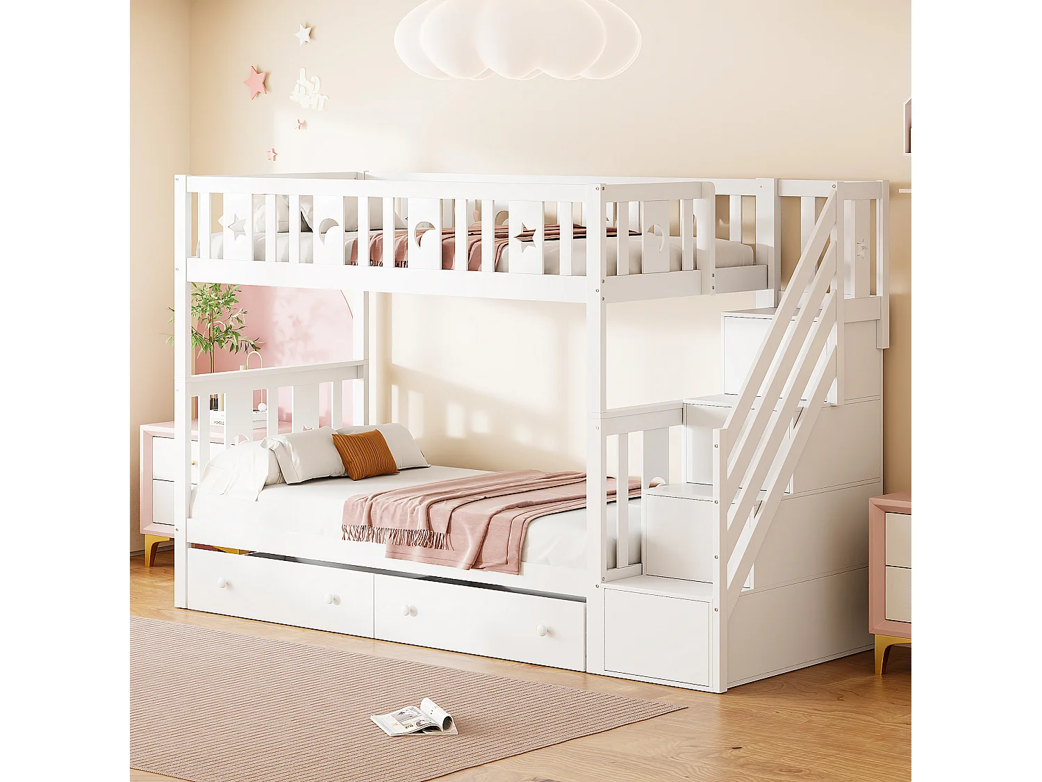 Łóżko piętrowe - 90 x 200 cm + 90 x 190 cm - 2 szuflady - 4 schowki w schodach - Drewno lite - Białe