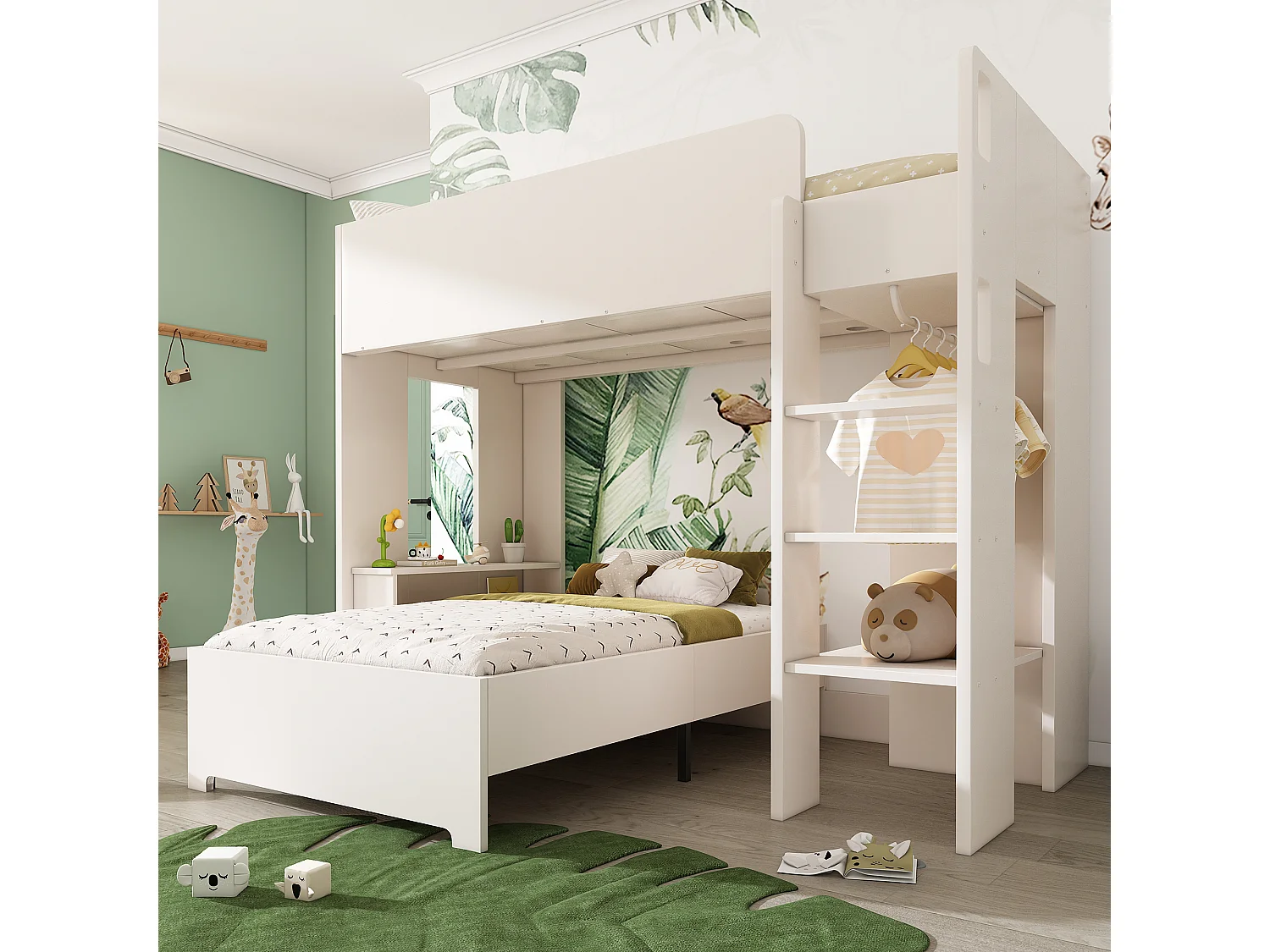 Beliche infantil com arrumação - 2 x 90 x 200 cm - roupeiro + secretária - Madeira maciça - Branco