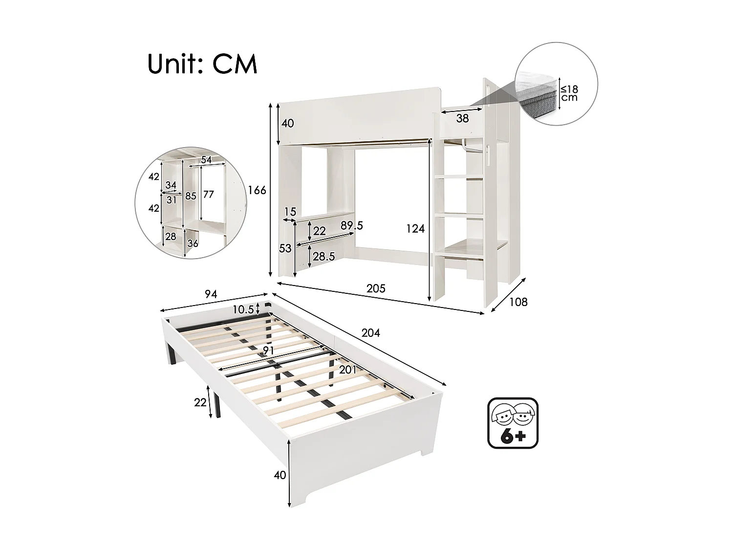 Beliche infantil com arrumação - 2 x 90 x 200 cm - roupeiro + secretária - Madeira maciça - Branco