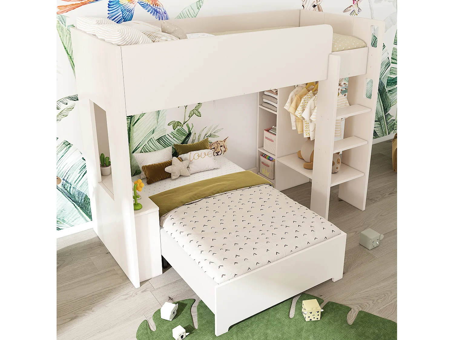 Beliche infantil com arrumação - 2 x 90 x 200 cm - roupeiro + secretária - Madeira maciça - Branco