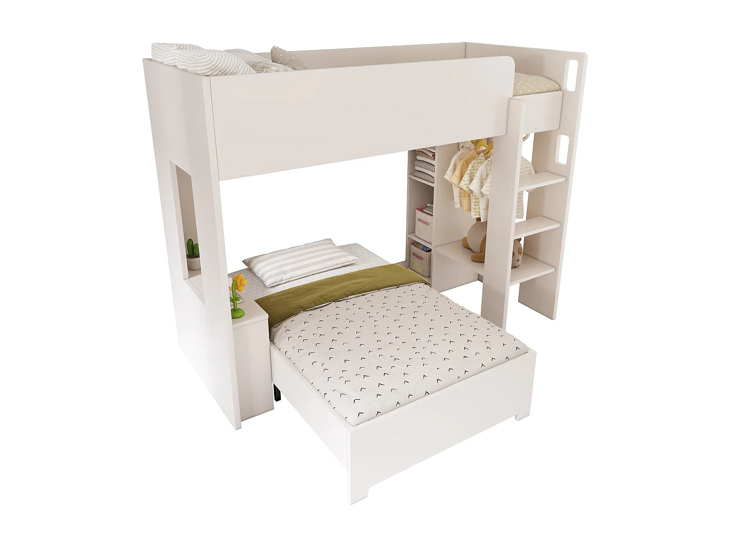 Beliche infantil com arrumação - 2 x 90 x 200 cm - roupeiro + secretária - Madeira maciça - Branco