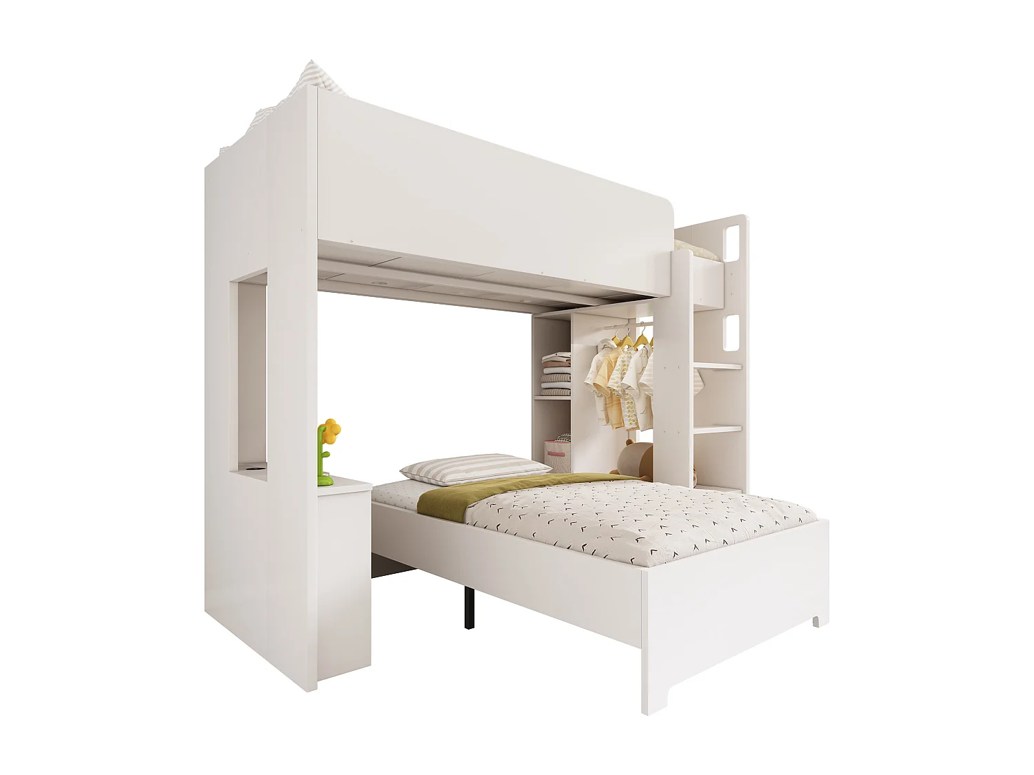 Beliche infantil com arrumação - 2 x 90 x 200 cm - roupeiro + secretária - Madeira maciça - Branco