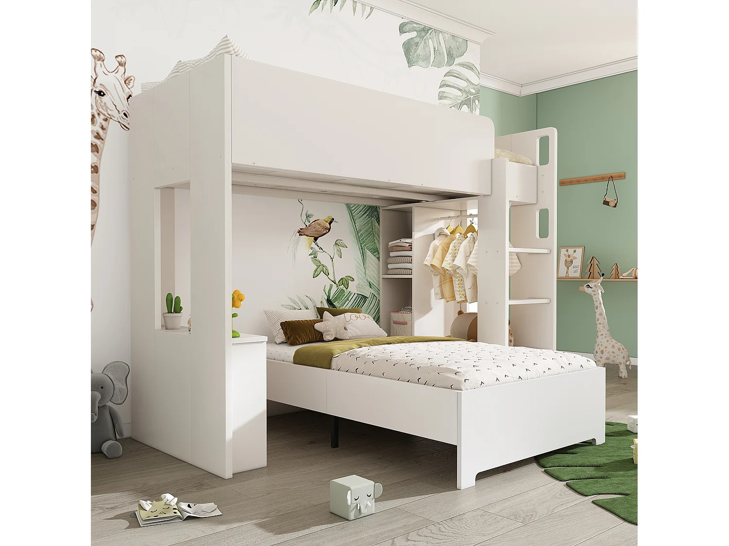 Beliche infantil com arrumação - 2 x 90 x 200 cm - roupeiro + secretária - Madeira maciça - Branco