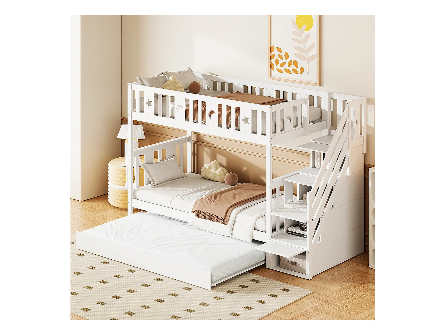 Lit superposés gigogne 3 places - 2 x 90 x 200 cm + 90 x 190 cm - 4 rangements dans l'escalier - Bois massif - Blanc